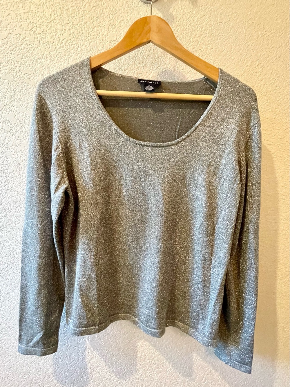 Ann Taylor Scoop Neck Long Sleeve Top with Silver Metallic Shine